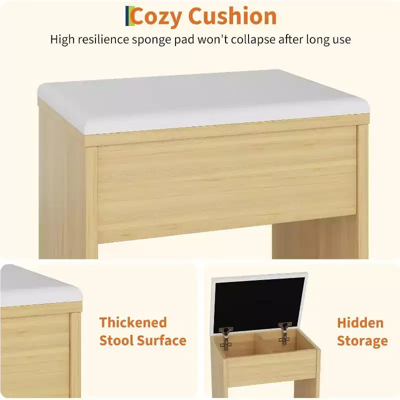 Coiffeuse de 94 cm avec miroir réglable, 4 tiroirs et 1 porte, tabouret de rangement et support pour sèche-cheveux
