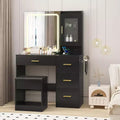37 Vanity Desk with Adjustable Mirror, 4 Drawers & Single Door, Storage Stool & Hair Dryer Holder