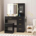 37 Vanity Desk with Adjustable Mirror, 4 Drawers & Single Door, Storage Stool & Hair Dryer Holder