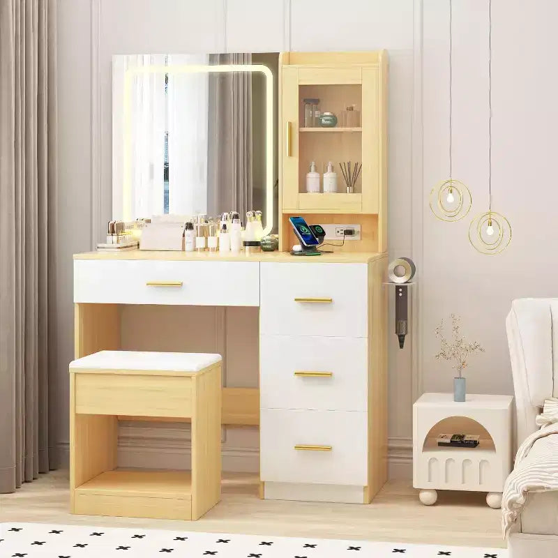 Coiffeuse de 94 cm avec miroir réglable, 4 tiroirs et 1 porte, tabouret de rangement et support pour sèche-cheveux