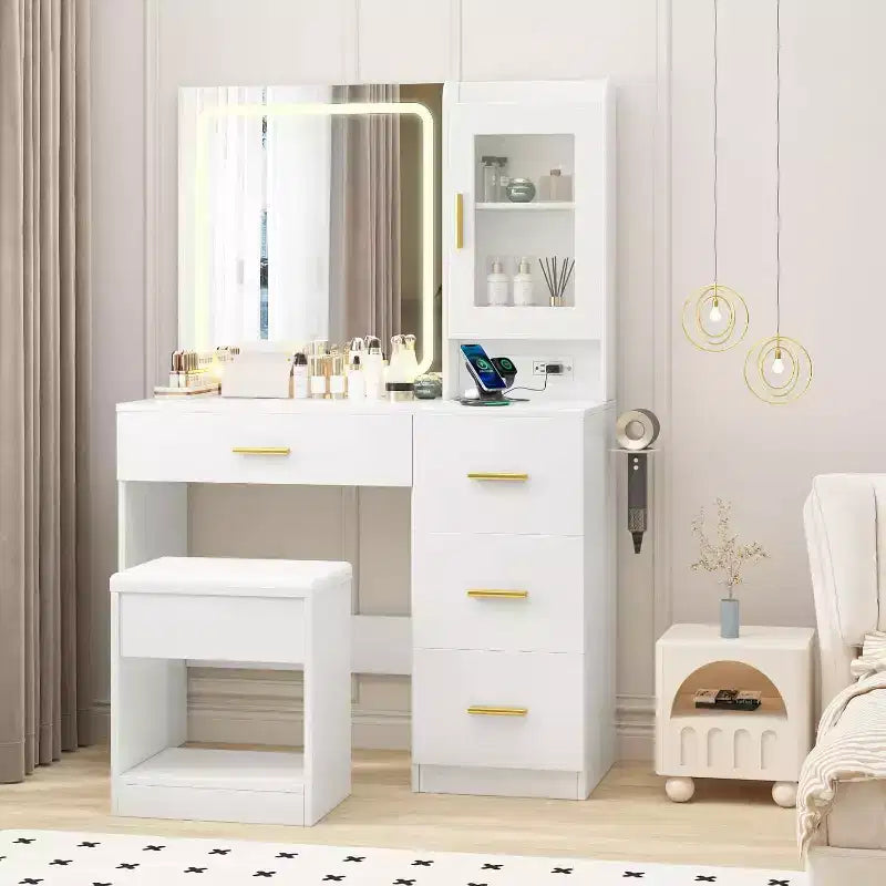 Coiffeuse de 94 cm avec miroir réglable, 4 tiroirs et 1 porte, tabouret de rangement et support pour sèche-cheveux