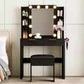 Makeup Vanity Desk Set Dressing Table with Storage Padded Stool, Mirror, 3 Color Lighted Bulb, Charging Station, Hair Dryer Holder, Black - ModernLuxe