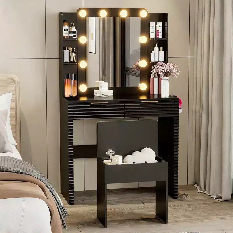 Coiffeuse avec tabouret rembourré, miroir, ampoules à 3 couleurs, station de charge, support pour sèche-cheveux, noir - ModernLuxe
