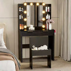 Coiffeuse avec tabouret rembourré, miroir, ampoules à 3 couleurs, station de charge, support pour sèche-cheveux, noir - ModernLuxe
