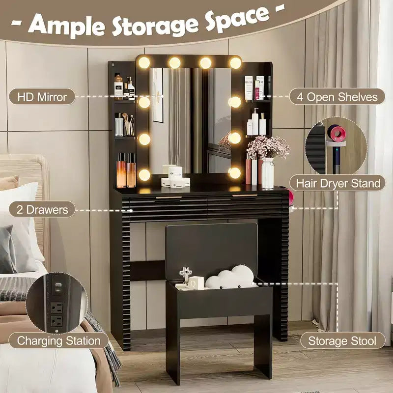 Coiffeuse avec tabouret rembourré, miroir, ampoules à 3 couleurs, station de charge, support pour sèche-cheveux, noir - ModernLuxe