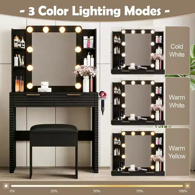 Coiffeuse avec tabouret rembourré, miroir, ampoules à 3 couleurs, station de charge, support pour sèche-cheveux, noir - ModernLuxe