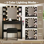 Coiffeuse avec tabouret rembourré, miroir, ampoules à 3 couleurs, station de charge, support pour sèche-cheveux, noir - ModernLuxe