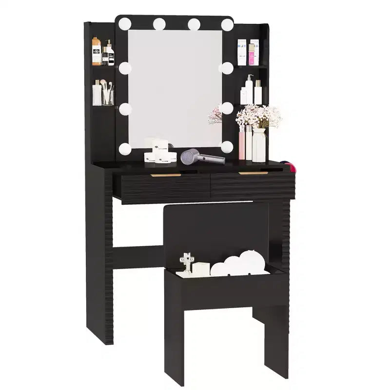 Coiffeuse avec tabouret rembourré, miroir, ampoules à 3 couleurs, station de charge, support pour sèche-cheveux, noir - ModernLuxe