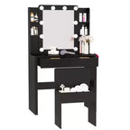 Coiffeuse avec tabouret rembourré, miroir, ampoules à 3 couleurs, station de charge, support pour sèche-cheveux, noir - ModernLuxe