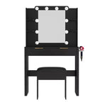 Coiffeuse avec tabouret rembourré, miroir, ampoules à 3 couleurs, station de charge, support pour sèche-cheveux, noir - ModernLuxe