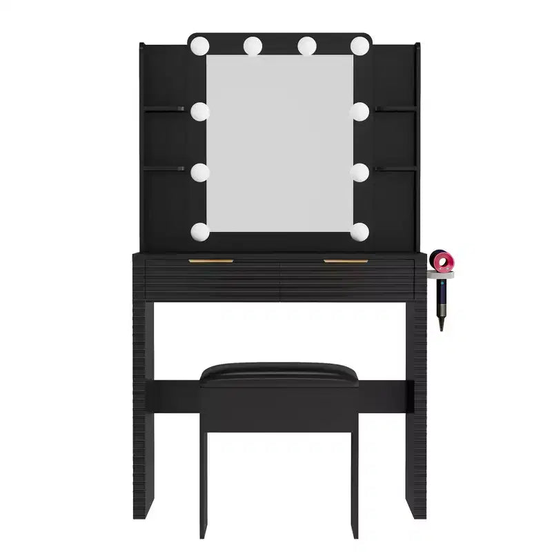 Coiffeuse avec tabouret rembourré, miroir, ampoules à 3 couleurs, station de charge, support pour sèche-cheveux, noir - ModernLuxe