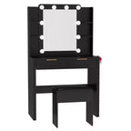 Coiffeuse avec tabouret rembourré, miroir, ampoules à 3 couleurs, station de charge, support pour sèche-cheveux, noir - ModernLuxe