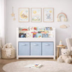 Kids Bookshelf with 3-Tier Front-Facing Book Display and 3 Fabric Bins, Toddler Bookcase and Toy Storage Organizer for Playroom, White
