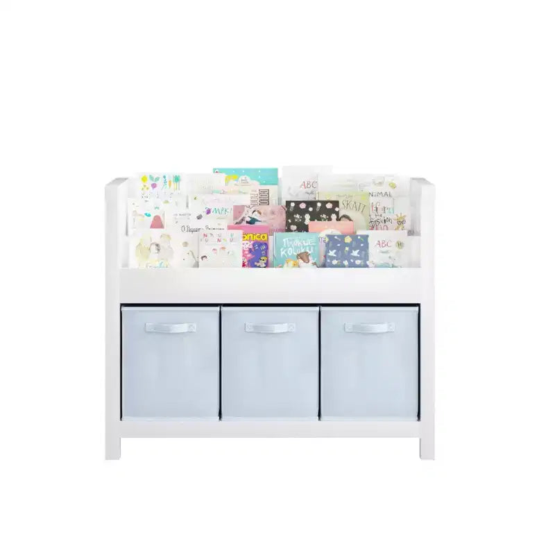Étagère à livres pour enfants avec 3 niveaux de présentation frontale et 3 bacs en tissu, bibliothèque pour tout-petits et organisateur de rangement de jouets pour salle de jeux, blanche