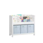 Étagère à livres pour enfants avec 3 niveaux de présentation frontale et 3 bacs en tissu, bibliothèque pour tout-petits et organisateur de rangement de jouets pour salle de jeux, blanche