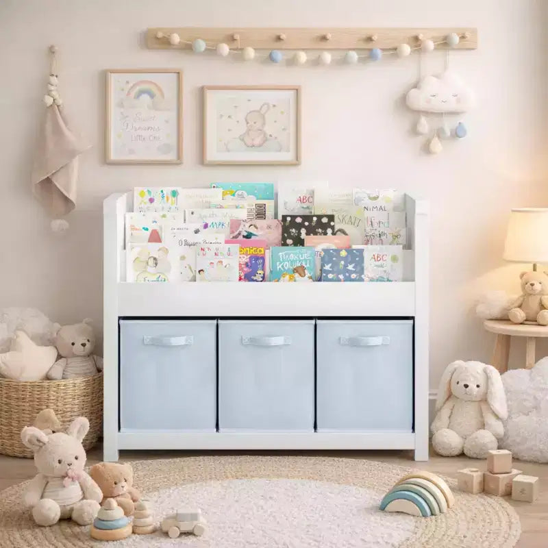 Étagère à livres pour enfants avec 3 niveaux de présentation frontale et 3 bacs en tissu, bibliothèque pour tout-petits et organisateur de rangement de jouets pour salle de jeux, blanche