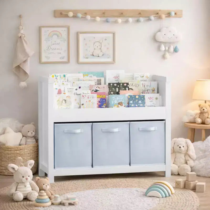 Étagère à livres pour enfants avec 3 niveaux de présentation frontale et 3 bacs en tissu, bibliothèque pour tout-petits et organisateur de rangement de jouets pour salle de jeux, blanche