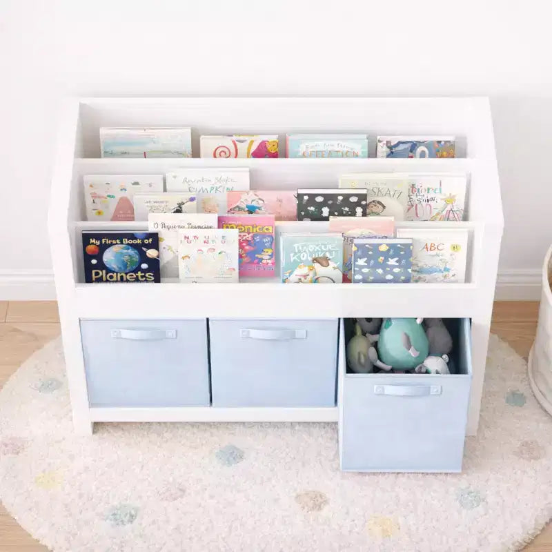 Étagère à livres pour enfants avec 3 niveaux de présentation frontale et 3 bacs en tissu, bibliothèque pour tout-petits et organisateur de rangement de jouets pour salle de jeux, blanche