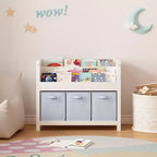 Étagère à livres pour enfants avec 3 niveaux de présentation frontale et 3 bacs en tissu, bibliothèque pour tout-petits et organisateur de rangement de jouets pour salle de jeux, blanche