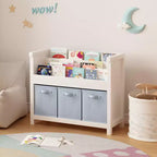 Étagère à livres pour enfants avec 3 niveaux de présentation frontale et 3 bacs en tissu, bibliothèque pour tout-petits et organisateur de rangement de jouets pour salle de jeux, blanche