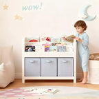 Étagère à livres pour enfants avec 3 niveaux de présentation frontale et 3 bacs en tissu, bibliothèque pour tout-petits et organisateur de rangement de jouets pour salle de jeux, blanche