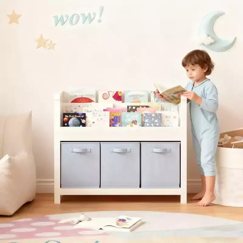 Étagère à livres pour enfants avec 3 niveaux de présentation frontale et 3 bacs en tissu, bibliothèque pour tout-petits et organisateur de rangement de jouets pour salle de jeux, blanche