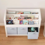 Étagère à livres pour enfants avec 3 niveaux de présentation frontale et 3 bacs en tissu, bibliothèque pour tout-petits et organisateur de rangement de jouets pour salle de jeux, blanche