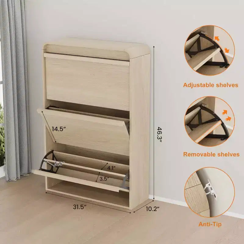 GarveeHome Armoire à chaussures avec 3 tiroirs basculants, meuble à chaussures en bois avec étagère réglable, rangement à chaussures, armoire à chaussures dissimulée pour entrée