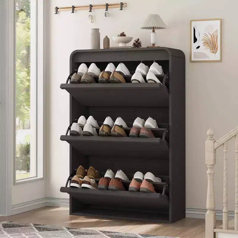GarveeHome Shoe Cabinet with 3 Flip Drawers, Wooden Shoe Organizer Cabinet with Adjustable Shelf, Shoe Storage, Hidden Shoe Cabinet for Entryway