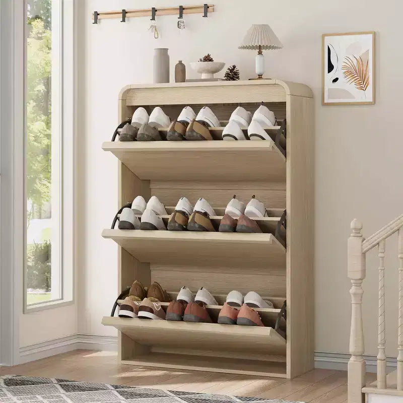 GarveeHome Armoire à chaussures avec 3 tiroirs basculants, meuble à chaussures en bois avec étagère réglable, rangement à chaussures, armoire à chaussures dissimulée pour entrée