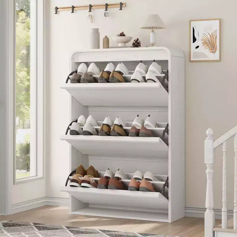 GarveeHome Armoire à chaussures avec 3 tiroirs basculants, meuble à chaussures en bois avec étagère réglable, rangement à chaussures, armoire à chaussures dissimulée pour entrée