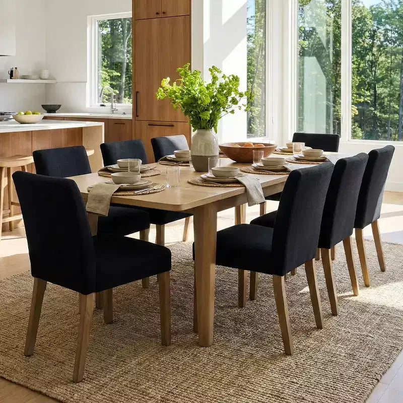 Ensemble de salle à manger extensible pour 8, table rectangulaire avec rallonges amovibles et chaises en lin sans accoudoirs, avec pieds en bois massif-Panipeachy