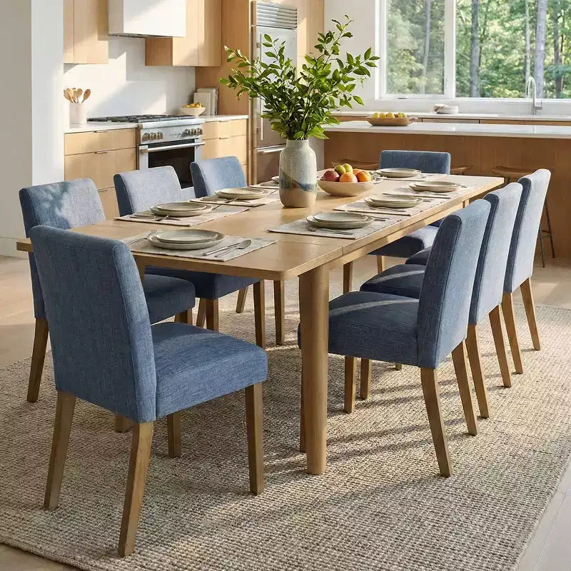 Ensemble de salle à manger extensible pour 8, table rectangulaire avec rallonges amovibles et chaises en lin sans accoudoirs, avec pieds en bois massif-Panipeachy