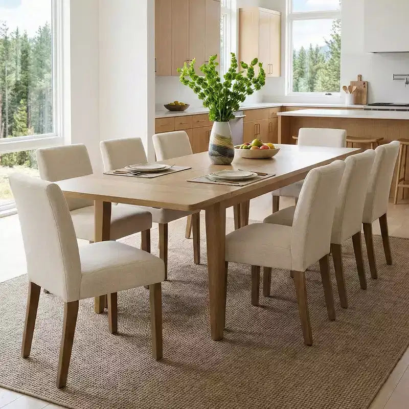 Ensemble de salle à manger extensible pour 8, table rectangulaire avec rallonges amovibles et chaises en lin sans accoudoirs, avec pieds en bois massif-Panipeachy