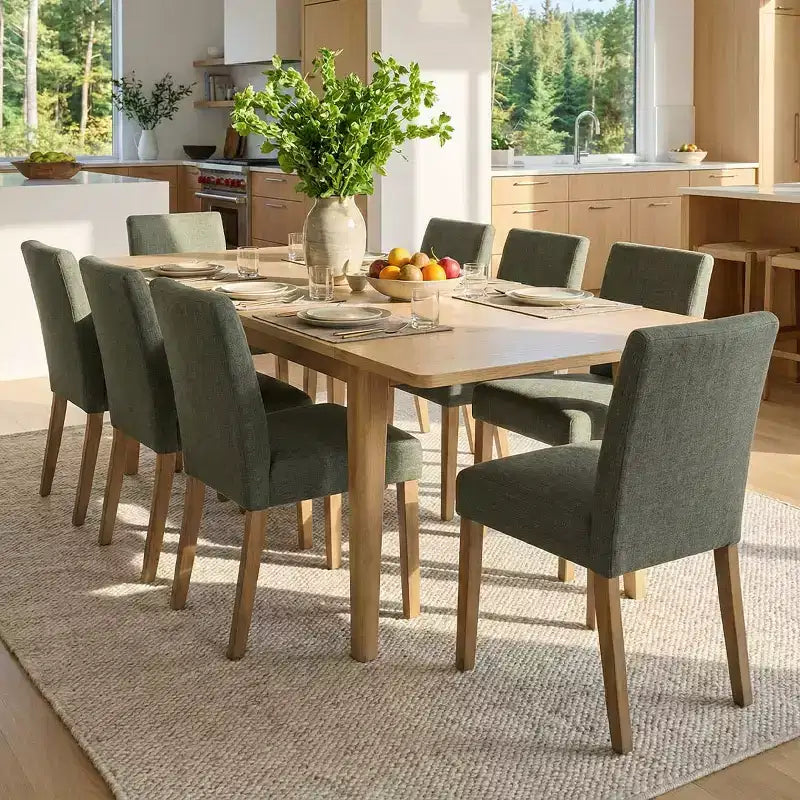 Ensemble de salle à manger extensible pour 8, table rectangulaire avec rallonges amovibles et chaises en lin sans accoudoirs, avec pieds en bois massif-Panipeachy