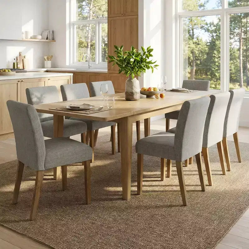Ensemble de salle à manger extensible pour 8, table rectangulaire avec rallonges amovibles et chaises en lin sans accoudoirs, avec pieds en bois massif-Panipeachy