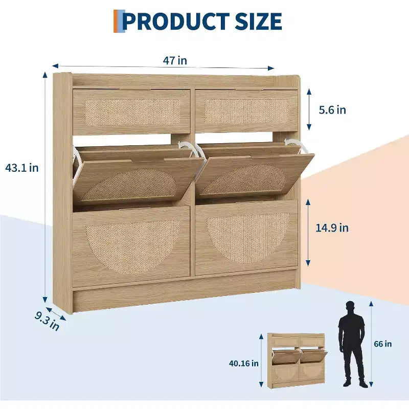 Meuble à chaussures en rotin avec 4 tiroirs basculants et 2 petits tiroirs, étagère de rangement autoportante mince avec étagères réglables et poignées en métal