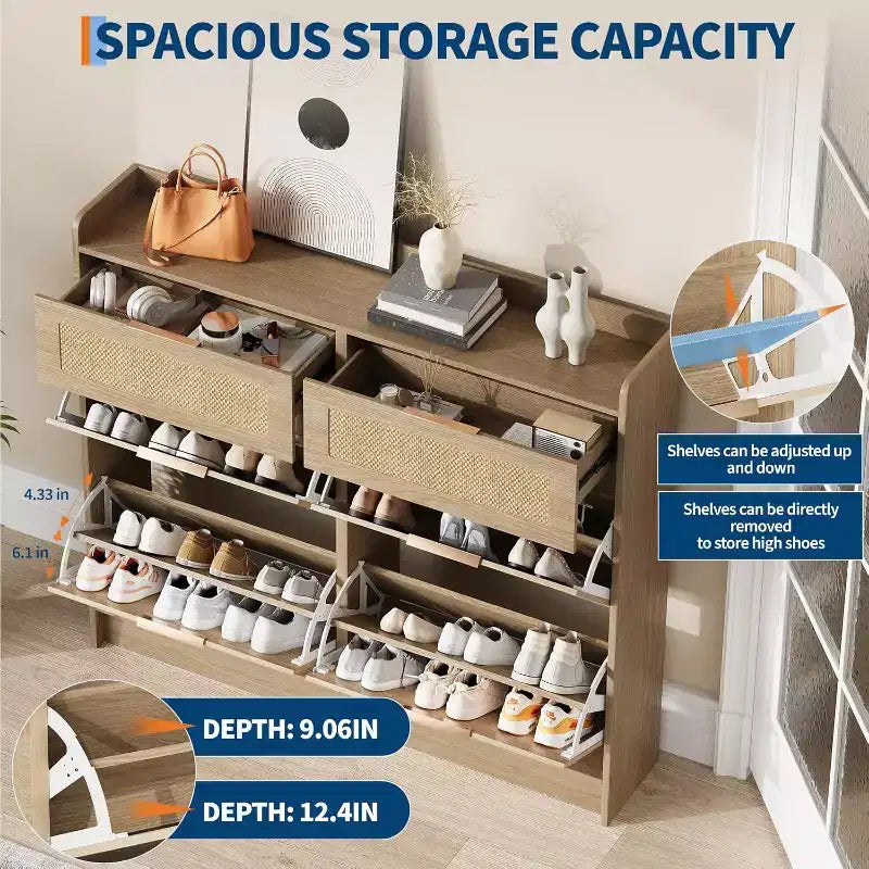 Meuble à chaussures en rotin avec 4 tiroirs basculants et 2 petits tiroirs, étagère de rangement autoportante mince avec étagères réglables et poignées en métal