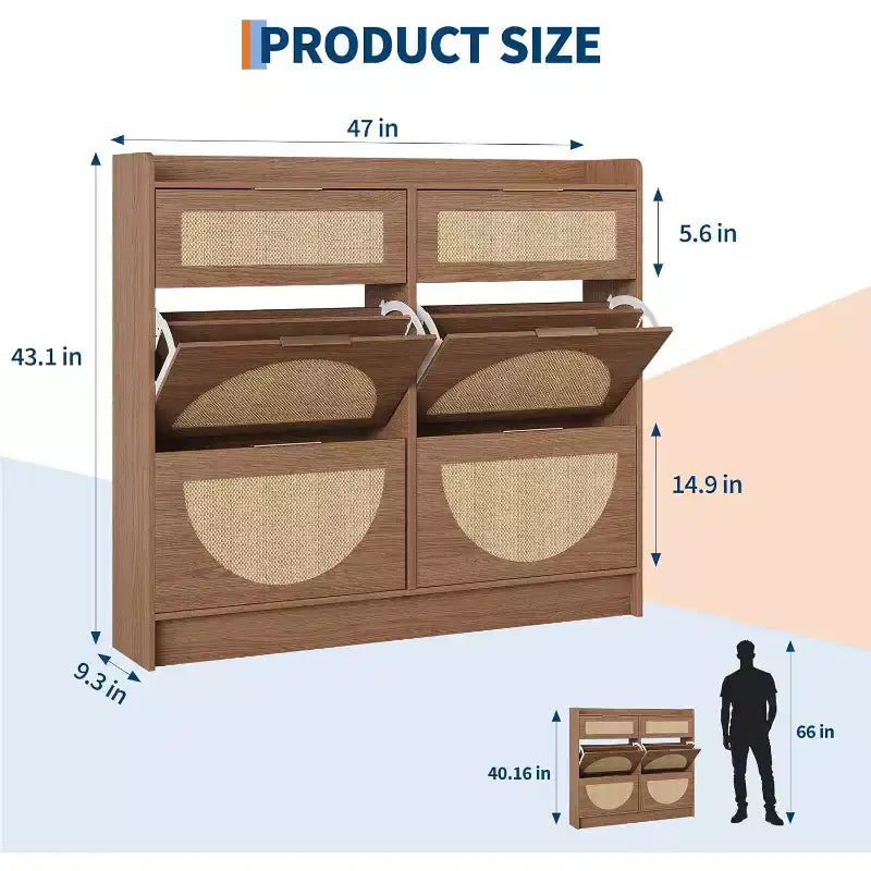 Meuble à chaussures en rotin avec 4 tiroirs basculants et 2 petits tiroirs, étagère de rangement autoportante mince avec étagères réglables et poignées en métal