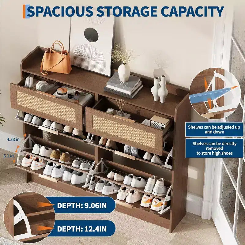 Meuble à chaussures en rotin avec 4 tiroirs basculants et 2 petits tiroirs, étagère de rangement autoportante mince avec étagères réglables et poignées en métal