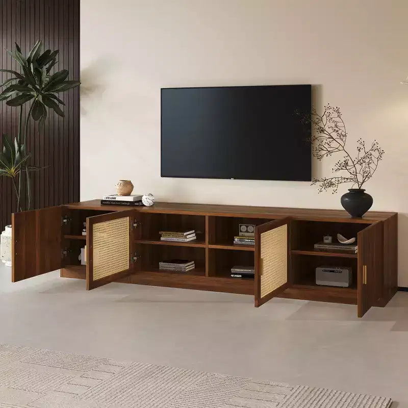 Meuble TV GDFStudio Eliana 78 moderne du milieu du siècle avec portes en rotin et étagère réglable