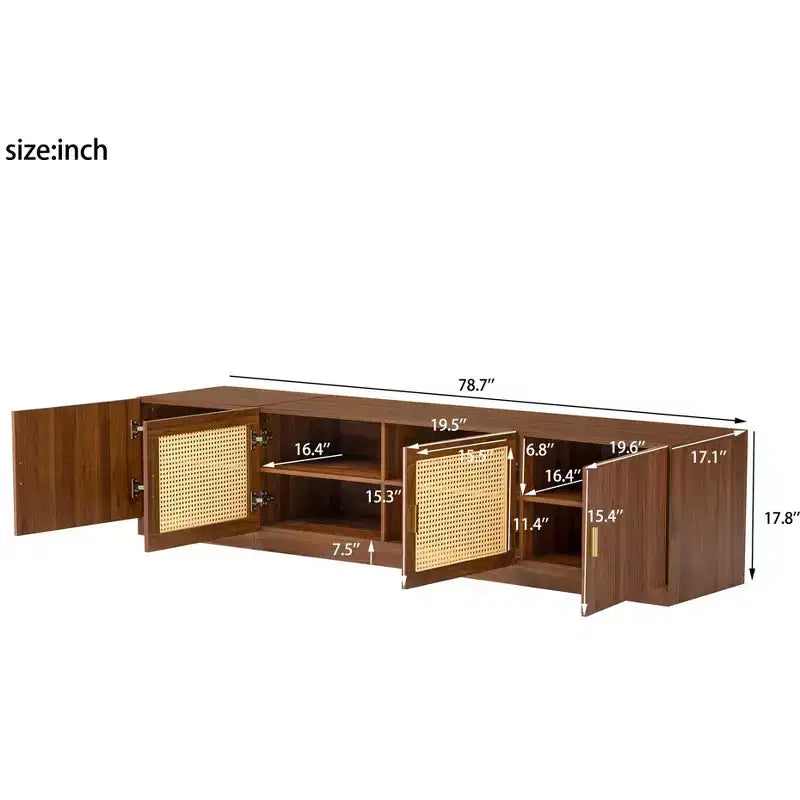 Meuble TV GDFStudio Eliana 78 moderne du milieu du siècle avec portes en rotin et étagère réglable