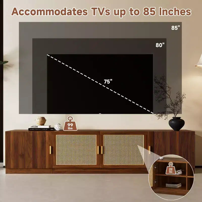 Meuble TV GDFStudio Eliana 78 moderne du milieu du siècle avec portes en rotin et étagère réglable