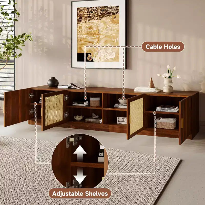 Meuble TV GDFStudio Eliana 78 moderne du milieu du siècle avec portes en rotin et étagère réglable