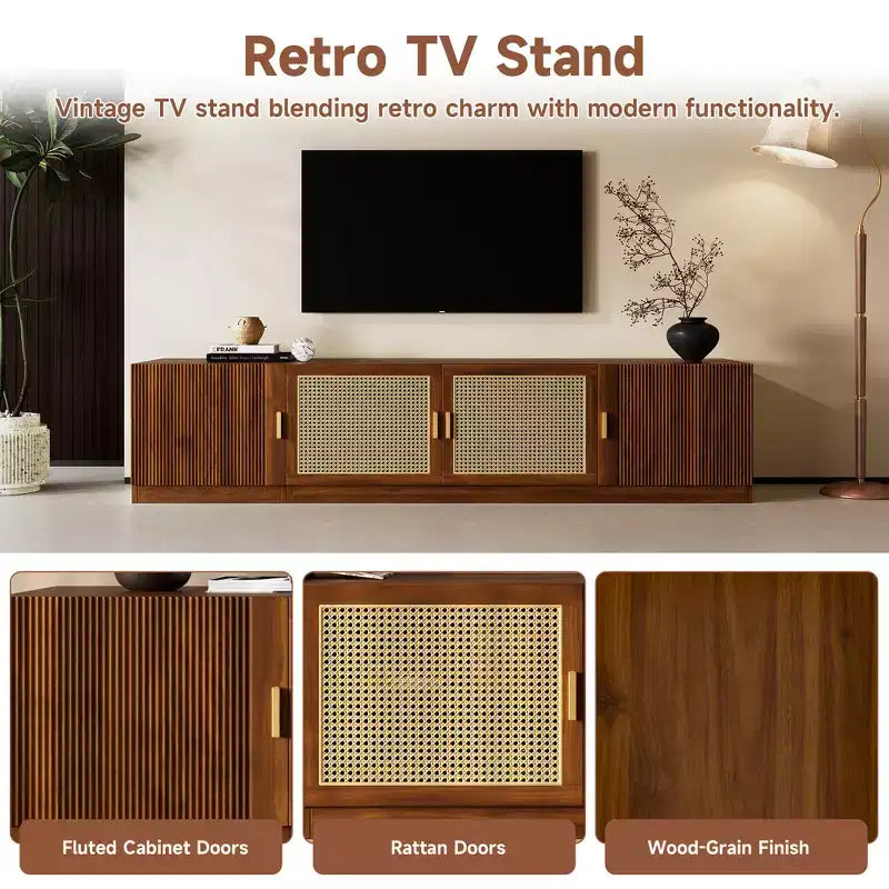 Meuble TV GDFStudio Eliana 78 moderne du milieu du siècle avec portes en rotin et étagère réglable
