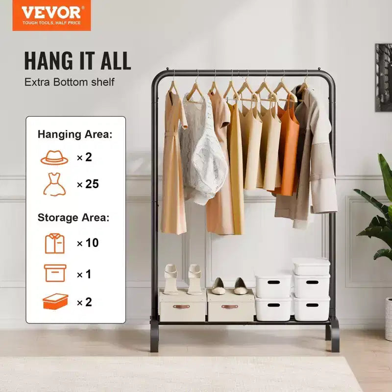 VIYET Portant à vêtements roulant robuste – Acier au carbone, tringle de suspension, zone de rangement inférieure