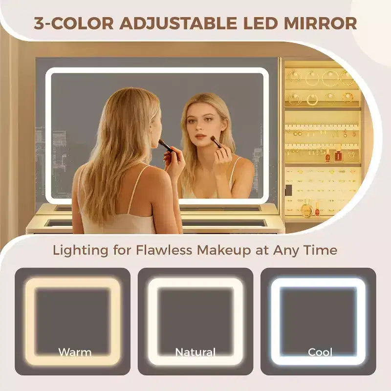Coiffeuse avec miroir lumineux, table de maquillage avec station de charge et armoire à bijoux, ensemble coiffeuse avec plateau en verre et tabouret de rangement pour chambre à coucher