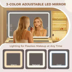 Coiffeuse avec miroir lumineux, table de maquillage avec station de charge et armoire à bijoux, ensemble coiffeuse avec plateau en verre et tabouret de rangement pour chambre à coucher