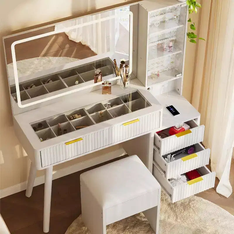 Coiffeuse avec miroir lumineux, table de maquillage avec station de charge et armoire à bijoux, ensemble coiffeuse avec plateau en verre et tabouret de rangement pour chambre à coucher