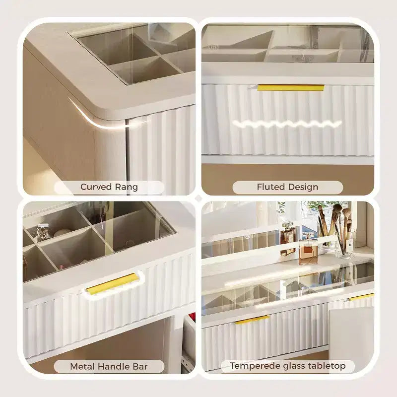 Coiffeuse avec miroir lumineux, table de maquillage avec station de charge et armoire à bijoux, ensemble coiffeuse avec plateau en verre et tabouret de rangement pour chambre à coucher